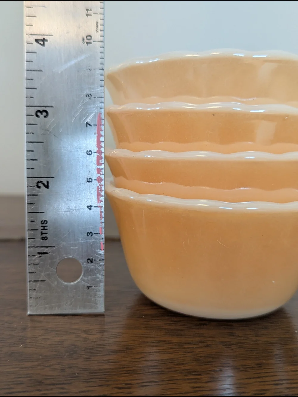 Set of 4 Fire King Peach Lustre Custard Cups • Scalloped Berry Bowls MCM